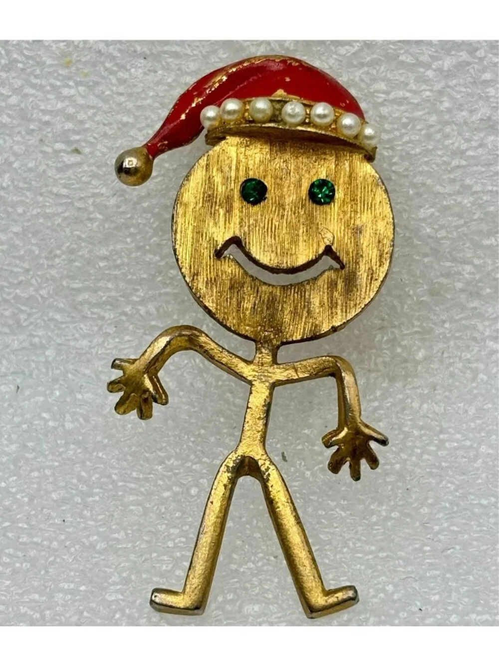 1970s Stick Figure Happy Face Santa Enamel Rhinestone Faux Pearl Brooch